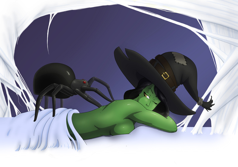 Size: 5000x3512 | Tagged: questionable, artist:anadukune, banned from derpibooru, deleted from derpibooru, derpibooru import, oc, unofficial characters only, anthro, spider, backrub, back rubbing, breasts, halloween, hat, holiday, massage, sideboob, spider web, witch hat