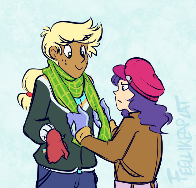 Size: 1280x1225 | Tagged: safe, artist:feellikeaplat, banned from derpibooru, deleted from derpibooru, derpibooru import, applejack, rarity, human, clothes, dark skin, female, humanized, lesbian, rarijack, scarf, shipping