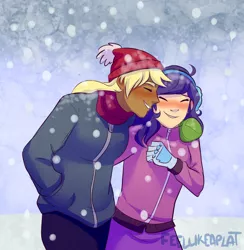 Size: 1280x1313 | Tagged: safe, artist:feellikeaplat, banned from derpibooru, deleted from derpibooru, derpibooru import, applejack, rarity, human, dark skin, female, humanized, lesbian, rarijack, shipping, snow, snowfall