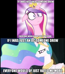 Size: 900x1037 | Tagged: safe, banned from derpibooru, deleted from derpibooru, derpibooru import, princess cadance, princess celestia, 3:, caption, floppy ears, frown, image macro, meme, solo, text, wide eyes