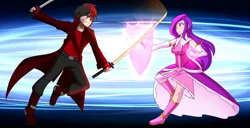 Size: 1280x655 | Tagged: safe, artist:jonfawkes, banned from derpibooru, deleted from derpibooru, derpibooru import, oc, oc:song cue, unofficial characters only, human, clothes, duel, duo, fight, humanized, humanized oc, magic, shield, sword, weapon