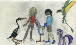 Size: 4086x2419 | Tagged: safe, artist:smcho1014, banned from derpibooru, deleted from derpibooru, derpibooru import, twilight sparkle, oc, oc:wild sketchy, bird, dinosaur, pony, pterosaur, roadrunner, equestria girls, colored pencil drawing, dimorphodon, equestria girls-ified, female, hesperornis, male, mare, road runner, spread wings, tara strong, traditional art, wings