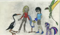 Size: 4086x2419 | Tagged: safe, artist:smcho1014, banned from derpibooru, deleted from derpibooru, derpibooru import, twilight sparkle, oc, oc:wild sketchy, bird, dinosaur, pony, pterosaur, roadrunner, equestria girls, colored pencil drawing, cretaceous, dimorphodon, england, equestria girls-ified, female, hesperornis, image, jpeg, jurassic, kansas, male, mare, mesozoic, northern europe, road runner, spread wings, tara strong, traditional art, united states, wings