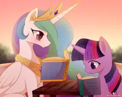 Size: 1280x1021 | Tagged: dead source, safe, artist:verawitch, banned from derpibooru, deleted from derpibooru, derpibooru import, princess celestia, twilight sparkle, twilight sparkle (alicorn), alicorn, pony, book, colored pupils, duo, levitation, magic, reading, sitting, sunset, table, telekinesis