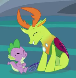 Size: 1609x1657 | Tagged: safe, artist:nuazka, banned from derpibooru, deleted from derpibooru, derpibooru import, spike, thorax, changedling, changeling, to where and back again, cute, eyes closed, grin, happy, king thorax, sitting, smiling, spikabetes, thorabetes