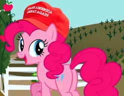 Size: 900x700 | Tagged: safe, banned from derpibooru, deleted from derpibooru, derpibooru import, screencap, pinkie pie, cap, donald trump, drama bait, hat, make america great again, politics, solo