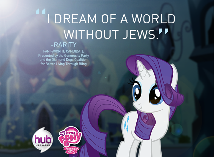 Size: 720x531 | Tagged: safe, banned from derpibooru, deleted from derpibooru, derpibooru import, rarity, antisemitism, background pony strikes again, drama, drama bait, fake, fan favorite poll, hub logo, mouthpiece, quote, racism, slowpoke, solo, text, we are going to hell