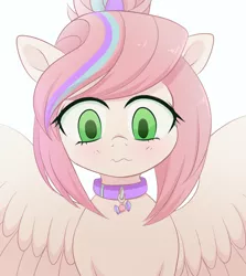 Size: 974x1092 | Tagged: safe, artist:verawitch, banned from derpibooru, deleted from derpibooru, derpibooru import, oc, oc:sweet skies, unofficial characters only, pegasus, pony, blushing, bust, collar, colored pupils, cute, looking down, ocbetes, solo, spread wings, wavy mouth, wings