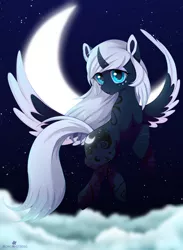 Size: 1280x1751 | Tagged: safe, artist:verawitch, banned from derpibooru, deleted from derpibooru, derpibooru import, princess luna, alternate hairstyle, alternate universe, cloud, cloudy, colored pupils, colored wings, colored wingtips, crescent moon, curved horn, flying, horn, looking at you, moon, night, night sky, raised hoof, sky, smiling, solo, spread wings, starry night, stars, wings