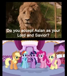 Size: 504x576 | Tagged: safe, artist:ariusioannesp, banned from derpibooru, deleted from derpibooru, derpibooru import, edit, edited screencap, screencap, applejack, fluttershy, pinkie pie, rainbow dash, twilight sparkle, suited for success, aslan, christianity, chronicles of narnia, comic, confused, crossover, jesus christ, obligatory pony, screencap comic