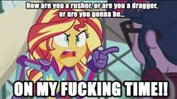 Size: 1920x1080 | Tagged: safe, banned from derpibooru, deleted from derpibooru, derpibooru import, screencap, sci-twi, sunset shimmer, twilight sparkle, whiplash, equestria girls, friendship games, angry, caption, exploitable meme, image macro, j.k. simmons, meme, sunset yells at twilight, terence fletcher, text, vulgar