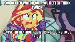 Size: 800x450 | Tagged: safe, banned from derpibooru, deleted from derpibooru, derpibooru import, screencap, sci-twi, sunset shimmer, twilight sparkle, equestria girls, angry, caption, exploitable meme, image macro, meme, sunset yells at twilight, text