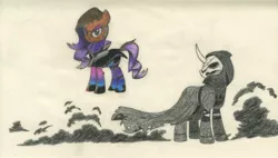 Size: 2430x1382 | Tagged: safe, artist:smcho1014, banned from derpibooru, deleted from derpibooru, derpibooru import, ponified, earth pony, pony, unicorn, colored pencil drawing, crossover, curved horn, duo, female, horn, male, mare, mask, overwatch, reaper (overwatch), smoke, sombra (overwatch), stallion, traditional art