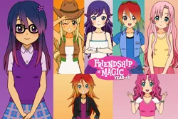 Size: 4000x2664 | Tagged: safe, artist:php45, banned from derpibooru, deleted from derpibooru, derpibooru import, applejack, fluttershy, pinkie pie, rainbow dash, rarity, sunset shimmer, twilight sparkle, human, bra, bra strap, clothes, glasses, headcanon, humanized, midriff, short shirt, skirt, tanktop, underwear