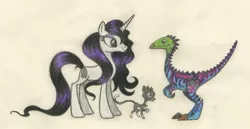 Size: 1979x1019 | Tagged: safe, artist:demonangel13, artist:smcho1014, banned from derpibooru, deleted from derpibooru, derpibooru import, oc, oc:wild sketchy, unofficial characters only, cat, dinosaur, pony, unicorn, bell, bell collar, collar, colored pencil drawing, female, male, mare, traditional art, unaysaurus