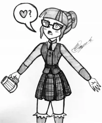Size: 1764x2122 | Tagged: safe, artist:atisuto17, banned from derpibooru, deleted from derpibooru, derpibooru import, sci-twi, twilight sparkle, equestria girls, blushing, female, grayscale, monochrome, mug, solo, traditional art, what is love