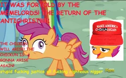 Size: 800x497 | Tagged: safe, banned from derpibooru, deleted from derpibooru, derpibooru import, rainbow dash, scootaloo, bird, chicken, newbie dash, 4chan, anti-christ, /b/, chickun, comic sans, exploitable meme, faic, forced meme, keemstar, make america great again, meme, /mlp/, shitposting, the south will rise again, troll, vulgar