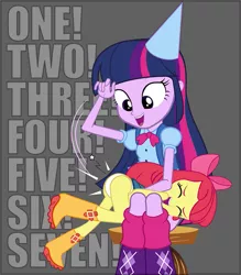 Size: 635x724 | Tagged: suggestive, artist:cheesepuffs, banned from derpibooru, deleted from derpibooru, derpibooru import, apple bloom, twilight sparkle, equestria girls, birthday, clothes, hat, laughing, lolicon, pain star, panties, party hat, spanking, underage, underwear