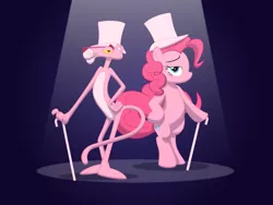 Size: 1701x1276 | Tagged: safe, artist:culu-bluebeaver, banned from derpibooru, deleted from derpibooru, derpibooru import, pinkie pie, bedroom eyes, cane, crossover, hat, jazz, pink, pink panther, spotlight, the pink panther, top hat