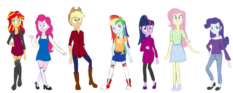 Size: 2500x1000 | Tagged: safe, artist:flight-of-the-moon, banned from derpibooru, deleted from derpibooru, derpibooru import, applejack, fluttershy, pinkie pie, rainbow dash, rarity, sci-twi, sunset shimmer, twilight sparkle, equestria girls, alternate costumes, boots, clothes, converse, cowboy hat, denim, denim skirt, dress, fishnets, glasses, hat, high heels, mane six, mary janes, shoes, skirt, sneakers, socks, stetson, sweater, thigh highs