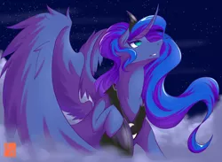 Size: 2000x1467 | Tagged: safe, artist:azarakikun, banned from derpibooru, deleted from derpibooru, derpibooru import, princess luna, cloud, looking up, solo, spread wings, stars, wings