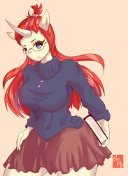 Size: 1500x2044 | Tagged: safe, artist:azarakikun, banned from derpibooru, deleted from derpibooru, derpibooru import, moondancer, anthro, big breasts, book, breasts, busty moondancer, clothes, female, shirt, skirt, solo, sweater