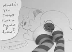 Size: 1280x931 | Tagged: suggestive, artist:snugs, banned from derpibooru, deleted from derpibooru, derpibooru import, oc, oc:lotus bud, unofficial characters only, butt, clothes, dialogue, donut, femboy, food, gray background, grayscale, looking back, male, monochrome, open mouth, plot, simple background, sketch, smiling, socks, solo, solo male, stockings, striped socks, thigh highs
