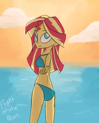 Size: 800x1000 | Tagged: safe, artist:flight-of-the-moon, banned from derpibooru, deleted from derpibooru, derpibooru import, sunset shimmer, equestria girls, beach, bikini, clothes, looking at you, reaching out, solo, sunset, swimsuit