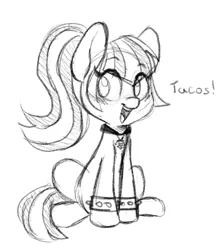 Size: 491x549 | Tagged: safe, artist:ashleynicholsart, banned from derpibooru, deleted from derpibooru, derpibooru import, sonata dusk, ponified, pony, equestria girls, cute, equestria girls ponified, food, monochrome, sketch, solo, sonataco, taco, traditional art