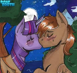 Size: 1024x976 | Tagged: safe, artist:ponebooth, banned from derpibooru, deleted from derpibooru, derpibooru import, twilight sparkle, oc, pegasus, pony, blushing, canon x oc, kissing, moon, shipping, traditional art, tree
