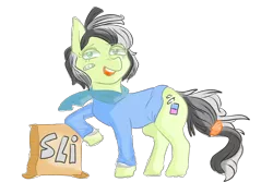 Size: 1200x800 | Tagged: safe, artist:jodi sli, banned from derpibooru, deleted from derpibooru, derpibooru import, oc, oc:jodie scissy, unofficial characters only, earth pony, pony, 2017 community collab, derpibooru community collaboration, box, clothes, cutie mark, eraser, female, scarf, simple background, smiling, solo, transparent background