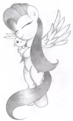 Size: 1168x1920 | Tagged: safe, artist:flutterstormreturns, banned from derpibooru, deleted from derpibooru, derpibooru import, angel bunny, fluttershy, pony, bipedal, eyes closed, floating, grayscale, hug, monochrome, pencil drawing, smiling, solo, spread wings, traditional art, wings