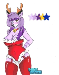 Size: 1024x1293 | Tagged: suggestive, artist:ponebooth, banned from derpibooru, deleted from derpibooru, derpibooru import, oc, oc:velvet, unofficial characters only, anthro, deer, deer pony, original species, bell, bell collar, clothes, collar, female, heterochromia, leotard, simple background, solo, solo female, stockings, thigh highs, traditional art, transparent background
