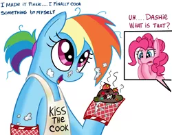 Size: 1900x1500 | Tagged: safe, artist:radek1212, banned from derpibooru, deleted from derpibooru, derpibooru import, pinkie pie, rainbow dash, apron, clothes, cooking, fail, grammar error, kiss the cook, messy