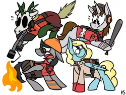 Size: 1200x900 | Tagged: safe, artist:karpet-shark, banned from derpibooru, deleted from derpibooru, derpibooru import, oc, oc:bubble binary, oc:poneh, oc:spinach, oc:tranquil melody, unofficial characters only, archimedes, engineer, medic, pyro, scout, team fortress 2