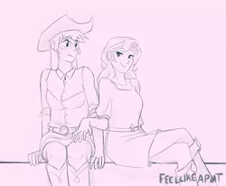 Size: 1280x1056 | Tagged: safe, artist:feellikeaplat, banned from derpibooru, deleted from derpibooru, derpibooru import, applejack, rarity, human, belt, blushing, boots, clothes, cowboy hat, crossed legs, denim skirt, female, hat, humanized, lesbian, monochrome, rarijack, shipping, shoes, skirt, stetson