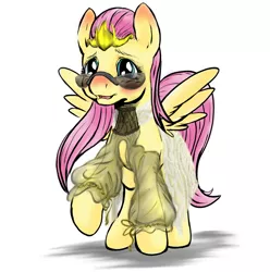 Size: 1560x1575 | Tagged: safe, artist:samnemus, banned from derpibooru, deleted from derpibooru, derpibooru import, fluttershy, 4chan, boho, clothes, dress, lacy, raised hoof, see-through, simple background, solarpunk, solo, sunglasses, white background