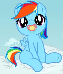 Size: 2362x2756 | Tagged: safe, artist:cumill11, banned from derpibooru, deleted from derpibooru, derpibooru import, rainbow dash, pony, baby, baby pony, cute, dashabetes, female, filly, filly rainbow dash, foal, hnnng, pacifier, sitting, solo, younger