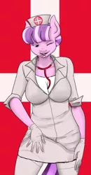 Size: 533x1024 | Tagged: suggestive, artist:amaraburrger, banned from derpibooru, deleted from derpibooru, derpibooru import, edit, nurse sweetheart, anthro, bedroom eyes, breasts, busty nurse sweetheart, candy, cleavage, clothes, cropped, female, food, gloves, lollipop, looking at you, solo, solo female, stethoscope, stockings, thigh highs