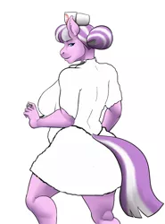 Size: 1350x1822 | Tagged: safe, artist:amaraburrger, banned from derpibooru, deleted from derpibooru, derpibooru import, edit, nurse sweetheart, anthro, earth pony, breasts, busty nurse sweetheart, chubby, clothes, female, image, jpeg, looking at you, looking back, solo, stethoscope