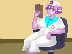 Size: 1400x1050 | Tagged: suggestive, artist:lurking tyger, banned from derpibooru, deleted from derpibooru, derpibooru import, edit, nurse sweetheart, anthro, earth pony, breasts, busty nurse sweetheart, chubby, clipboard, female, image, looking at you, png, solo, solo female, surprised