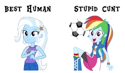 Size: 5100x3000 | Tagged: safe, banned from derpibooru, deleted from derpibooru, derpibooru import, rainbow dash, trixie, equestria girls, background pony strikes again, football, op wants attention, opinion, simple background, sports, transparent background, vulgar