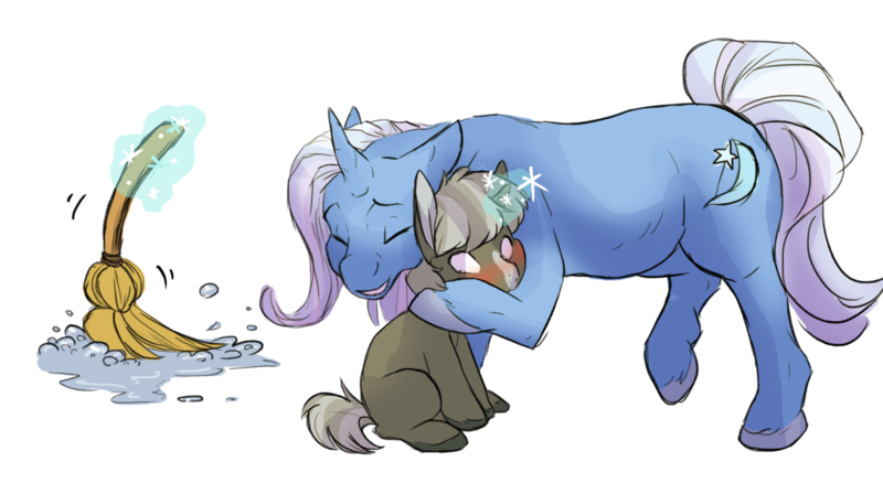 Size: 1024x573 | Tagged: safe, artist:shellielle, banned from derpibooru, deleted from derpibooru, derpibooru import, trixie, oc, oc:hazel, pony, unicorn, broom, eyes closed, female, floppy ears, hug, levitation, magic, magical lesbian spawn, mare, offspring, parent:maud pie, parent:trixie, parents:mauxie, raised leg, simple background, sitting, smiling, sweeping, telekinesis, transparent background