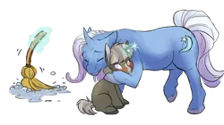 Size: 1024x573 | Tagged: safe, artist:shellielle, banned from derpibooru, deleted from derpibooru, derpibooru import, trixie, oc, oc:hazel, pony, unicorn, broom, eyes closed, female, floppy ears, hug, levitation, magic, magical lesbian spawn, mare, offspring, parent:maud pie, parent:trixie, parents:mauxie, raised leg, simple background, sitting, smiling, sweeping, telekinesis, transparent background