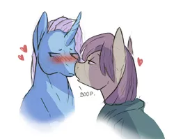 Size: 1280x1020 | Tagged: safe, artist:shellielle, banned from derpibooru, deleted from derpibooru, derpibooru import, maud pie, trixie, pony, unicorn, blushing, boop, female, heart, lesbian, mare, mauxie, noseboop, shipping, tsundere
