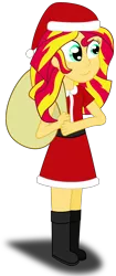 Size: 1000x2370 | Tagged: safe, artist:spellboundcanvas, banned from derpibooru, deleted from derpibooru, derpibooru import, sunset shimmer, equestria girls, boots, carrying, christmas, clothes, hat, holiday, sack, santa claus, santa hat, shoes, simple background, smiling, solo, transparent background