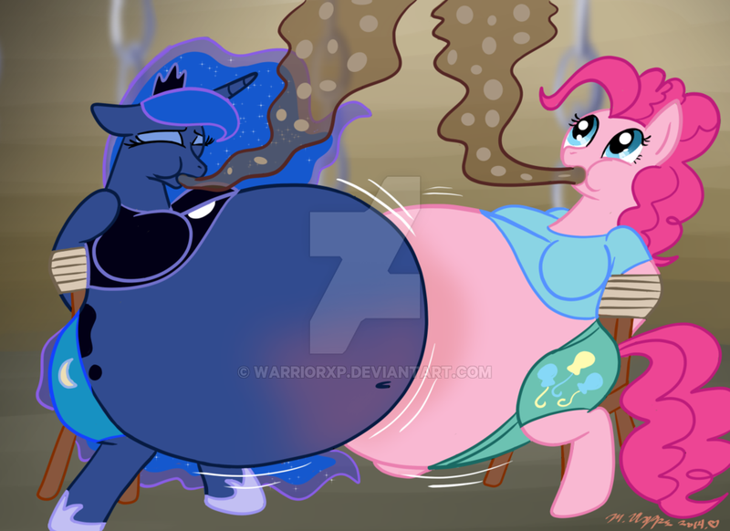 Size: 1024x745 | Tagged: suggestive, artist:necrofeline, banned from derpibooru, deleted from derpibooru, derpibooru import, pinkie pie, princess luna, anthro, belly, bondage, gas, inflation, mentos, soda, watermark