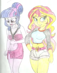 Size: 1280x1651 | Tagged: safe, artist:ambris, artist:pshyzomancer, artist:tonyxmarshall2, banned from derpibooru, deleted from derpibooru, derpibooru import, sci-twi, sunset shimmer, twilight sparkle, equestria girls, belly button, blushing, clothes, dress, embarrassed, female, grin, lesbian, midriff, scitwishimmer, shipping, short shirt, shorts, simple background, smiling, sunsetsparkle, trace, traditional art