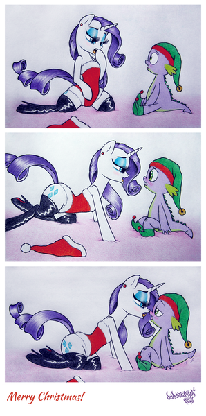 Size: 1354x2728 | Tagged: suggestive, artist:dubstepina, banned from derpibooru, deleted from derpibooru, derpibooru import, rarity, spike, christmas, clothes, female, foalcon, holiday, leotard, male, shipping, sparity, straight, straight shota, underage