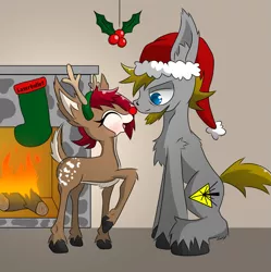 Size: 1273x1280 | Tagged: safe, artist:laserbullet, banned from derpibooru, deleted from derpibooru, derpibooru import, oc, oc:maple, unofficial characters only, deer, earth pony, pony, antlers, blushing, boop, christmas, doe, female, hat, holiday, holly, holly mistaken for mistletoe, male, noseboop, rudolph nose, santa hat, stallion